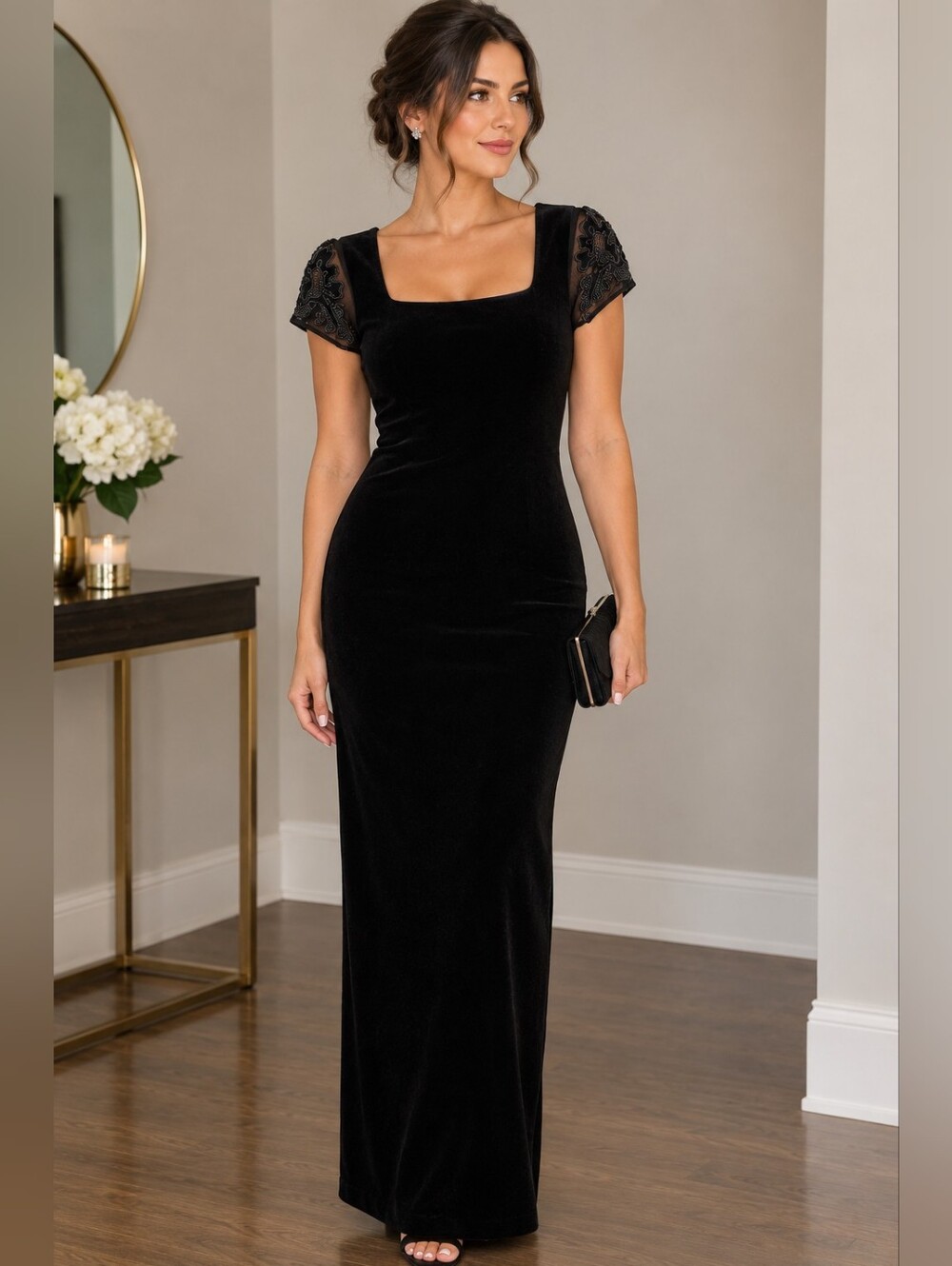 Vintage Black Velvet Maxi Dress with Beaded Cap Sleeves